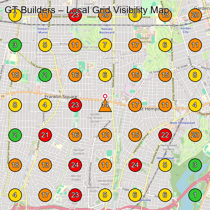 GT Builders General Contractor GeoGrid ranking map for West Hempstead NY